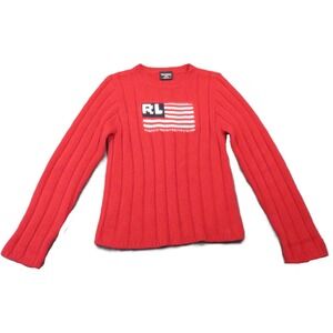 Polo by Ralph Lauren Red Ribbed Crewneck Sweater with Flag Patch